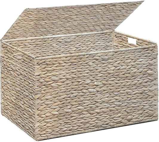 Water Hyacinth Storage Basket with Lid, 42.3 Gallon (160L) Wicker Storage Trunk with Handles, Handwoven Wicker Storage Basket for Blanket, Foldable, for Living Room, Laundry Room, White by MOORLITER