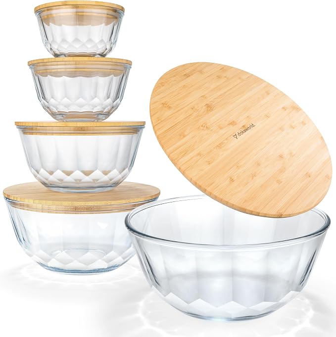 Large Stackable Set of 5 Nesting Glass Bowls with Bamboo Lids for Foodprep, Storage, Baking, Sourdough Mixing & Cooking. Microwave & Oven Safe Heat Resistant Inert Borosilicate Glass by Dokaworld
