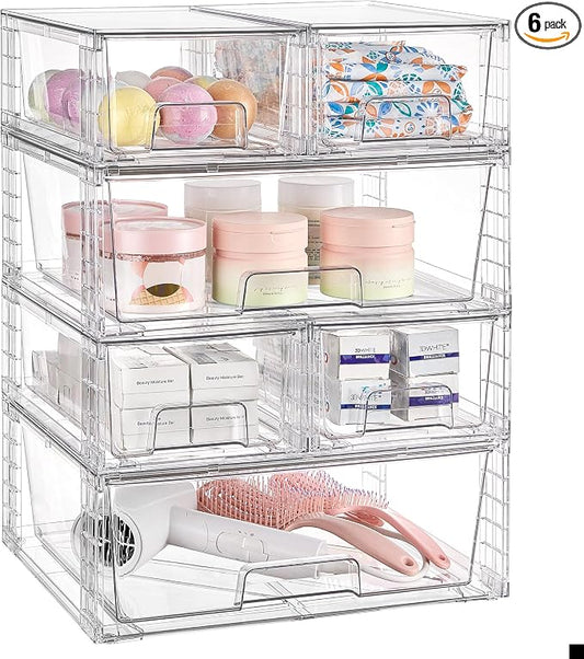Vtopmart Clear Stackable Storage Drawers Set of 6, Easily Assemble Acrylic Bathroom Undersink Organizers,Plastic Storage Bins for Closet,Cabinet,Pantry,Medicine Organization by Vtopmart