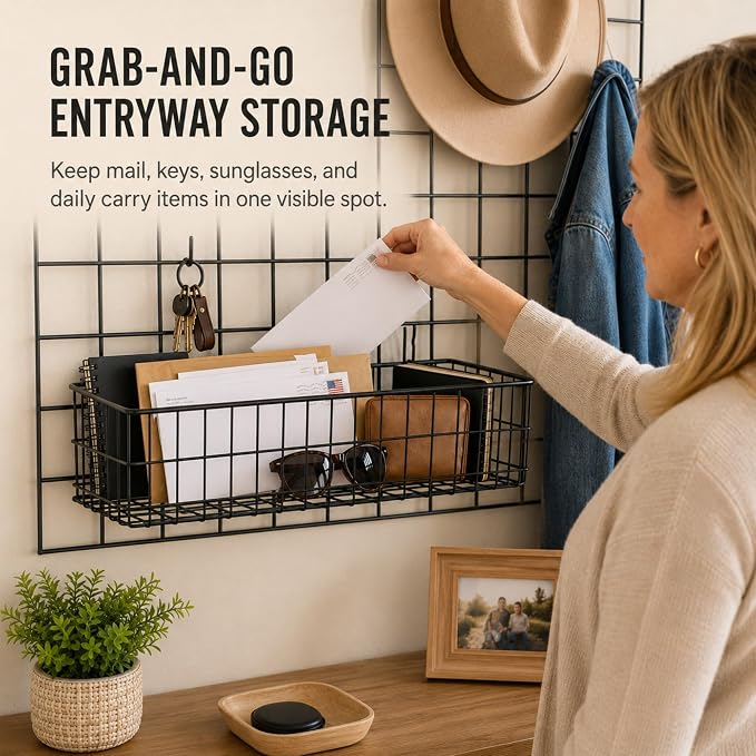 Hanging Wall Baskets, 2 Pack 15.7 in Metal Wire Storage, Black | Suits grid panels spaced one to two inches, sturdy organizer for garage, craft room, kitchen & pantry, panel not included - Image 3