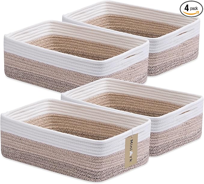 MiniArk Large Shallow Organizing Baskets 15x11x5.1 Inches - Rope Woven Storage Bins for Bathroom, Shelves, Cube Closet, Gradient Brown 4 Packs by MiniArkStorageBasketsHome