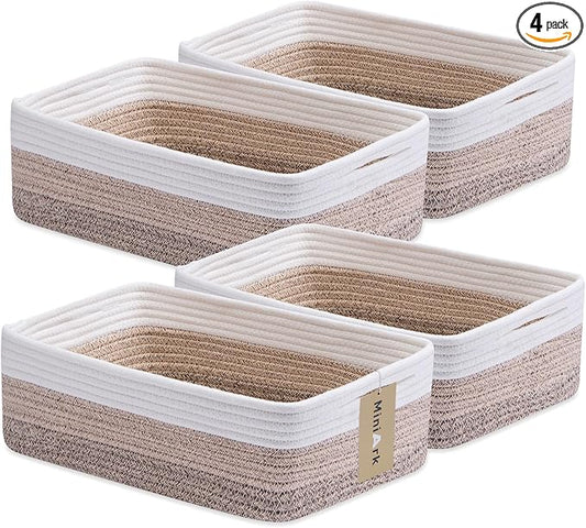 MiniArk Large Shallow Organizing Baskets 15x11x5.1 Inches - Rope Woven Storage Bins for Bathroom, Shelves, Cube Closet, Gradient Brown 4 Packs by MiniArkStorageBasketsHome