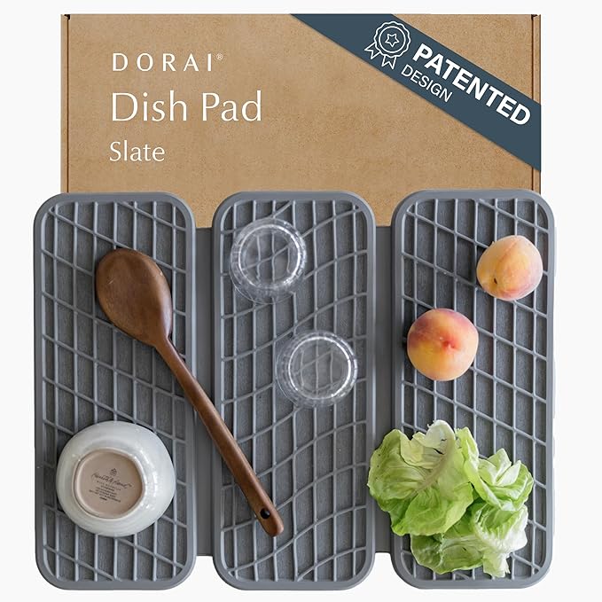Dorai Home Dish Pad - Collapsable Stone Dish Drying Mat with Diatomaceous Earth for Quick Drying - Ultra Absorbent - Encased in Silicone - Eco-Friendly, Foldable - Original 19.9"x15.2", Slate by DoraiHome