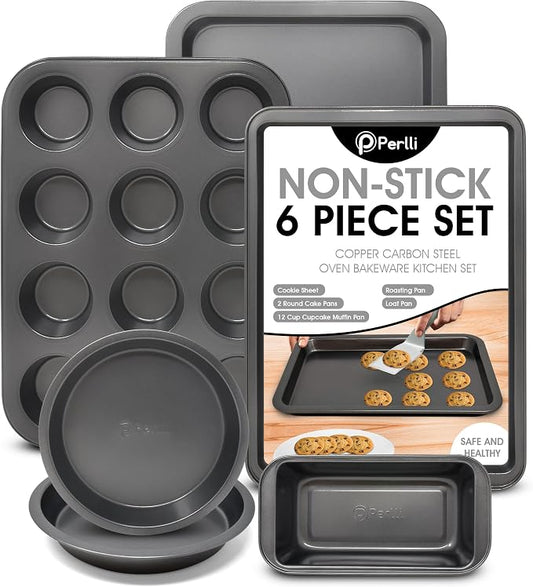 Non-Stick 6-Piece Bakeware Set – Carbon Steel with Even Heat Distribution, Oven Safe to 446°F, BPA-Free, Dishwasher Safe, Stackable Baking Tools for Easy Storage and Everyday Cooking - Gray by PERLLI