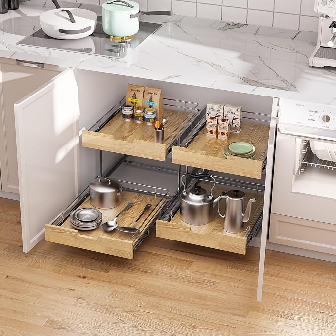 Sikarou Pull Out Cabinet Organizer,Heavy-Duty Slide Out Shelf, Wood and Wire Basket, Pull Out Drawer for for Kitchen Under Sink Space, Pantry, Bathroom, 2 Tie 14 * 21 in - Image 6