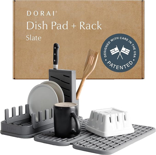 Dorai Home Collapsible Dish Drying Rack with Stone Dish Pad - Kitchen Counter Set with Diatomaceous Earth Stone Dish Mat for Quick Drying - Space-Saving Design - Original 19.9"x15.2", Slate by DoraiHome