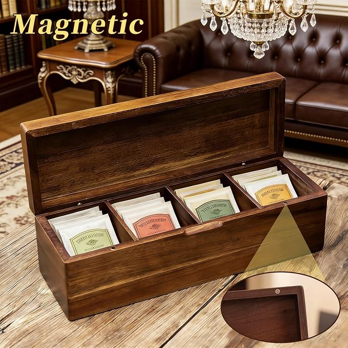 Acacia Wood Tea Bag Organizer with Compartments | Tea Packet Storage Boxes & Display Caddy, Multi-Slot Teabag Holder Container Chest, For Countertop, Organizador de Té - Image 2