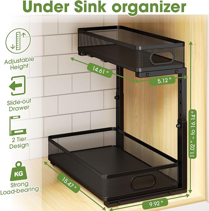 Under Sink Organizer 4-Pack, Metal 2-Tier Pull-Out Cabinet Shelf with Slide-Out Mesh Drawers, Height Adjustable, Space-Saving Storage Racks for Kitchen, Bathroom, Laundry Room - Image 2