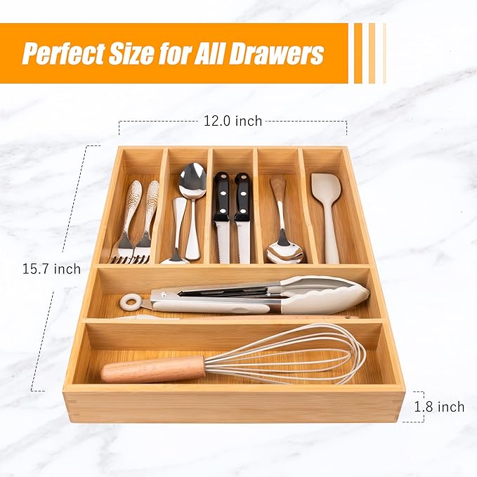 Bamboo Silverware Drawer Organizer, Kitchen Utensil Drawer Organizers, 12"x15.7" Utensils Holder Cutlery Tray with Grooved Drawer Dividers for Kitchen Flatware Bedroom Office(7 Slot, Natural) - Image 3