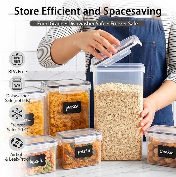 15 PCS Airtight Food Storage Containers with Lids, Plastic Kitchen and Organization Canisters for Cereal, Dry Food, Flour and Sugar, BPA-Free, PVC-Free, Includes Labels & Marker - Image 5