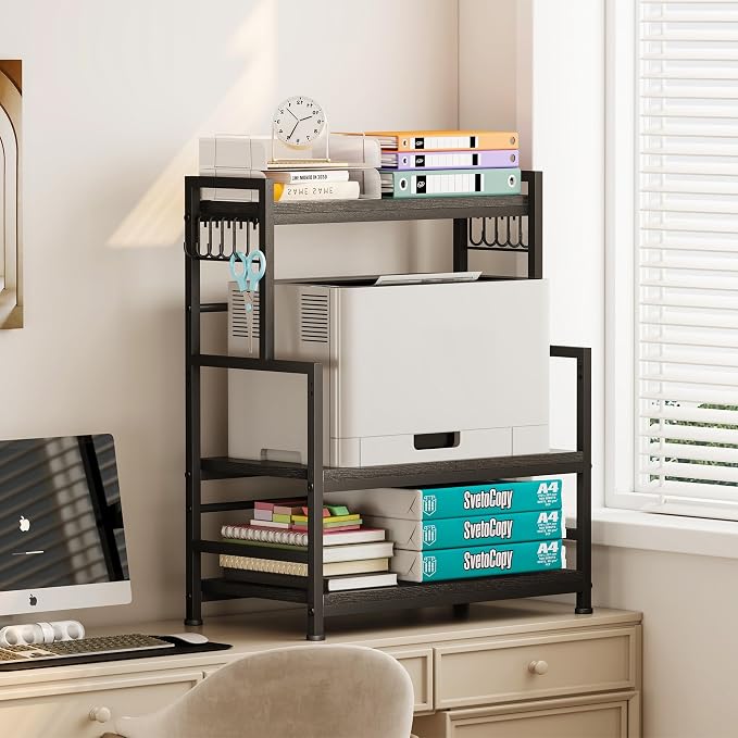 23.6"W Large Kitchen Countertop Organizer, 3 Tier Spice Rack Organizer with Adjustable Shelf and 10 Hooks, Wooden Counter Organizer, Countertop Shelf Microwave Stand for Kitchen, Coffee Bar, Black - Image 6