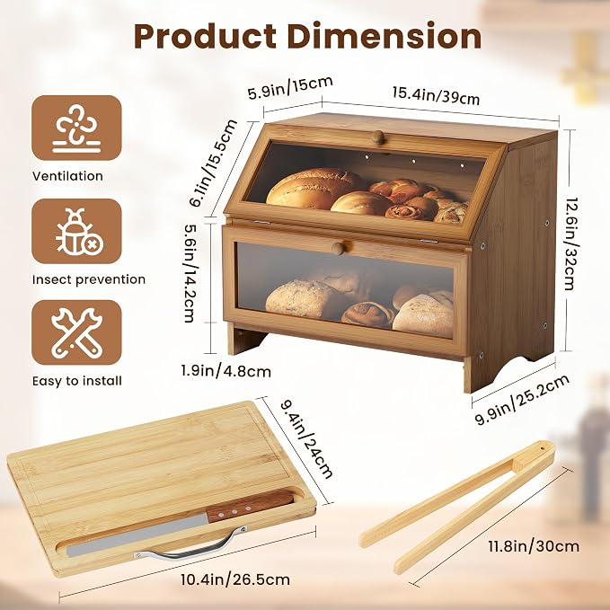 MAISONPEX Double Layer Bamboo Bread Box for Kitchen Countertop, Large Capacity, Cutting Board, Stainless Steel Bread Knife, Double Layer Storage Container with Clear Windows, Walnut - Image 3
