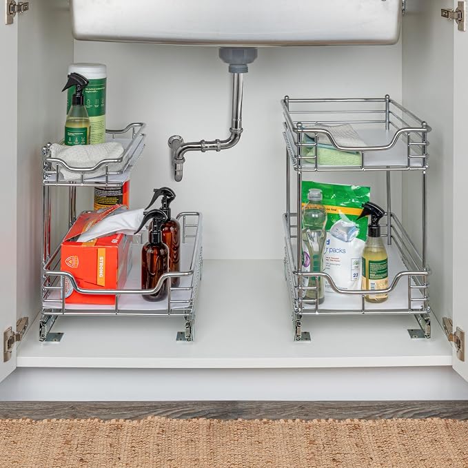 Household Essentials Glidez Chrome-Plated Steel Pull-Out/Slide-Out Storage Organizer with Plastic Liners for Under Sink or Cabinet Use - 2-Tier Design - Fits Standard Size Cabinet or Shelf, Chrome - Image 2