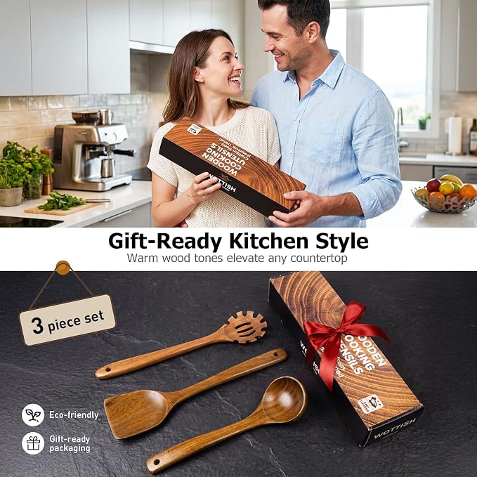 Wooden Spoons for Cooking, 3-Piece Acacia Wood Kitchen Utensil Set, Nonstick Safe Wooden Spoons, Smooth Heat-Friendly Cooking Utensils for Everyday Meals(A03) - Image 9