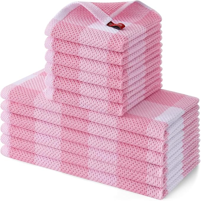Homaxy Kitchen Towels and Dishcloths Set, Set of 12, White & Pink | Bulk Cotton Waffle Weave Check Plaid Kitchen Towels, Super Soft and Absorbent Dish Cloths, 12 x 12 and 13 x 28 Inches by Homaxy
