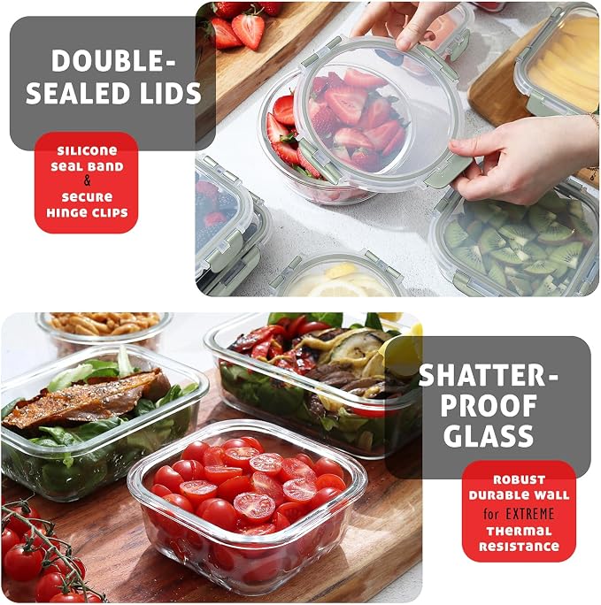 EATEX 24pc Glass Storage Containers with Lids, 12 Glass Food Storage Containers with 12 Airtight Lids for Pantry & Kitchen, Meal Prep Containers for Lunch, Oven Freezer Microwave & Dishwasher Safe - Image 5