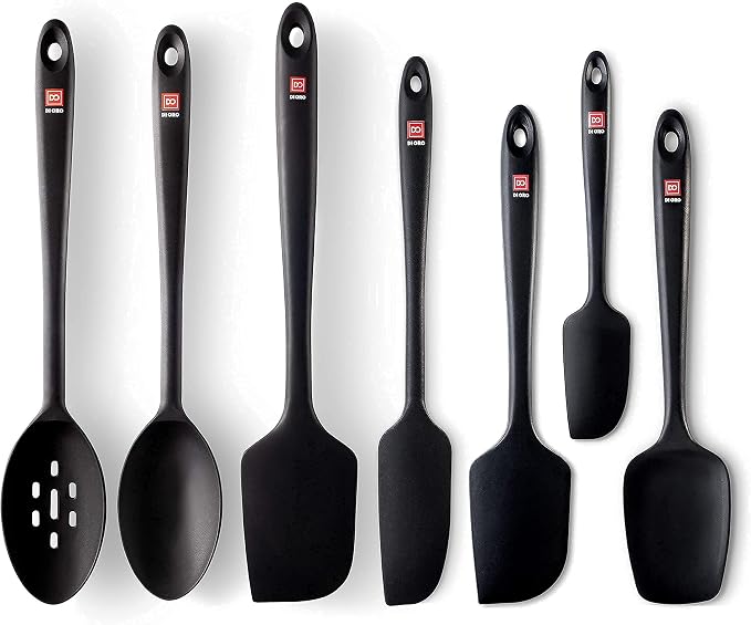 DI ORO Seamless Series 7-Piece Silicone Utensil Kitchen Set - 600°F Heat-Resistant Rubber Cooking and Baking Tools - Food Grade, BPA Free, and LFGB Certified Silicone - 5 Spatulas and 2 Spoons (Black) by DIORO