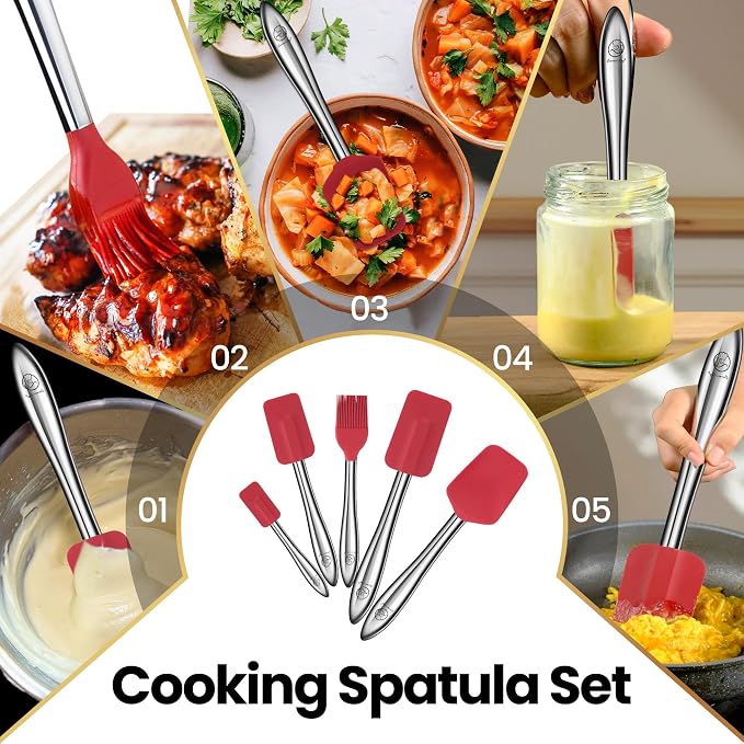 Gourmet Easy 5pcs Silicone Spatula Set with Stainless Steel Handles - Red | Heat-Resistant Silicone Protects Nonstick Cookware, Ergonomic Handles Offer Firm Control, Dishwasher Safe, 5-Year Warranty - Image 2