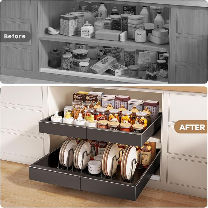 Seinloes 6 Pack Pull out Cabinet Organizer 21"Deep with Raising Pad for Framed Cabinets, Expandable Slide out Drawers for Kitchen Cabinets with 6pcs Divider Racks, Roll out Shelves 12.1"-20.4" W Black - Image 5