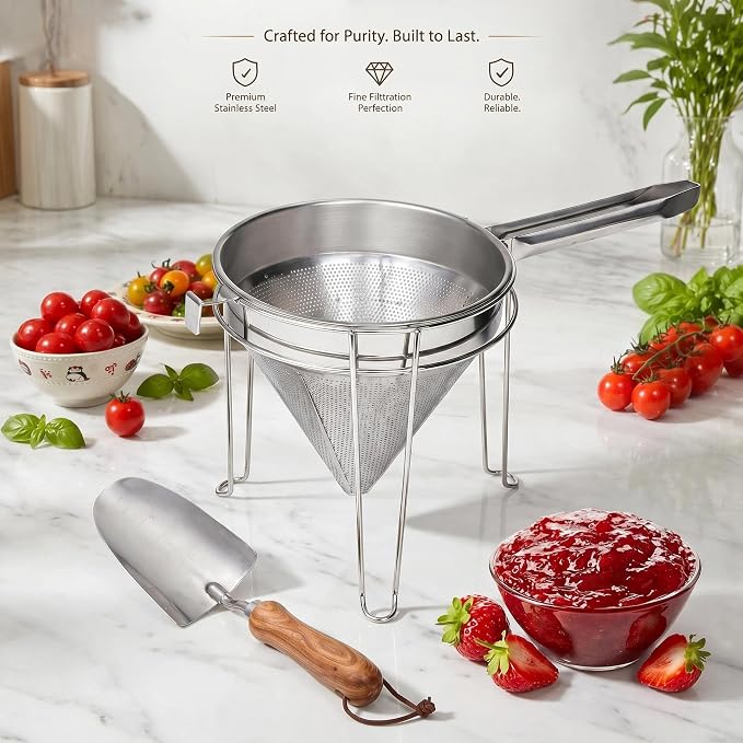 8 inch Stainless Steel Chinois Strainer with Stand, Fine Mesh China Cap Strainer with handle and Pestle for Tomato, Fruit,Soup and Jam Making. - Image 4