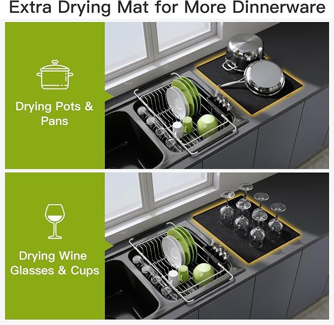 JASIWAY in Sink Dish Drying Rack with Mat, Cups and Utensil Holder | Use Over the Sink or Counter, Stainless Steel Expandable Dish Drainer for Small Kitchen, Space Saving, Fast Drain, Rustproof - Image 3