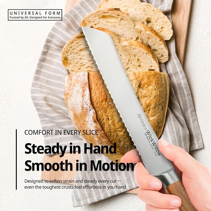 WICKWILLOW 8” Double Serrated Bread Knife – Swedish Steel, Olive Wood | Perfect for sourdough, homemade bread and artisan loaves. Hand wash only. Gift box included. - Image 3