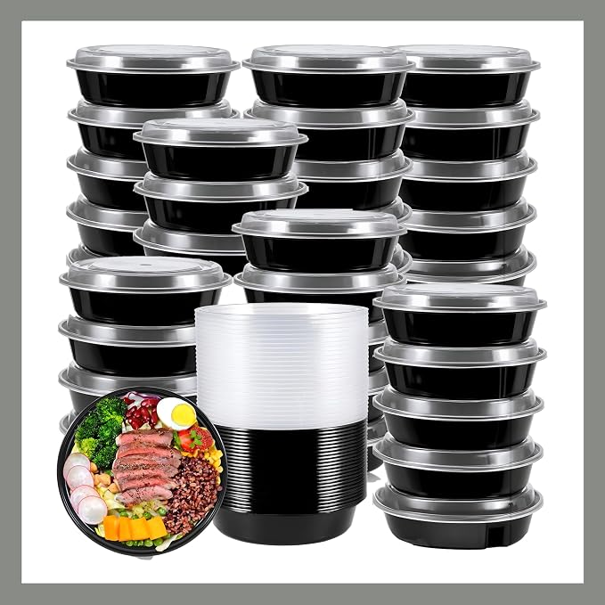 Meal Prep Containers Round [60 Set] x [28 oz] with Lids, 1 compartment, Stackable, Reusable, Leakproof, Food Safe, Microwave, Freezer & Dishwasher Safe for Food Prep Storage (60 Set, 28 oz) by Pokanic%C2%AE