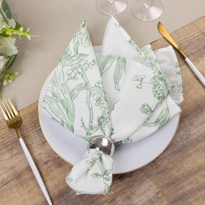 Efavormart Premium 5 Pack Polyester Dinner Napkins 20"x20" White with Dusty Sage Green French Toile Pattern - Chic Floral Cloth Napkins - Image 2