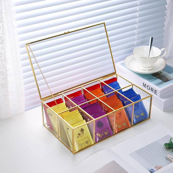 REDHUGO Glass Tea Bag Organizer, 8-Compartment Tea Storage Box, Gold | Handmade glass tea bag box with lid and 8 compartments, keeps tea bags tidy for counters, kitchens and tea stations - Image 6