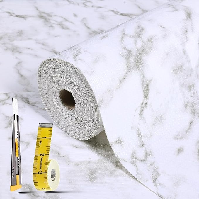 2-Layer Drawer and Shelf Liner for Kitchen Cabinet: 17 in X 20 Ft Non Slip | Waterproof Shelf Paper Non Adhesive Refrigerator Liners White Marble Easy Liners for Bathroom with Knife Tape Measure by Kimhan