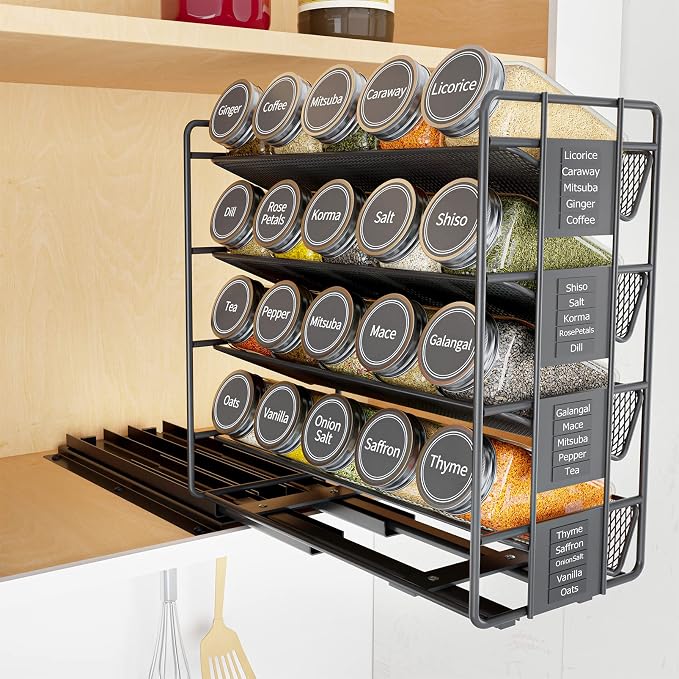 SpaceAid Pull Out Spice Rack Organizer with 20 Jars, Heavy Duty Slide Out Seasoning Organizer for Kitchen Cabinets, with 801 Labels and Chalk Marker, Left Facing by SpaceAid