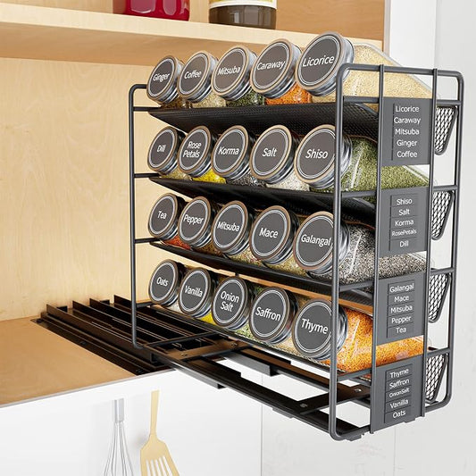 SpaceAid Pull Out Spice Rack Organizer with 20 Jars, Heavy Duty Slide Out Seasoning Organizer for Kitchen Cabinets, with 801 Labels and Chalk Marker, Left Facing by SpaceAid