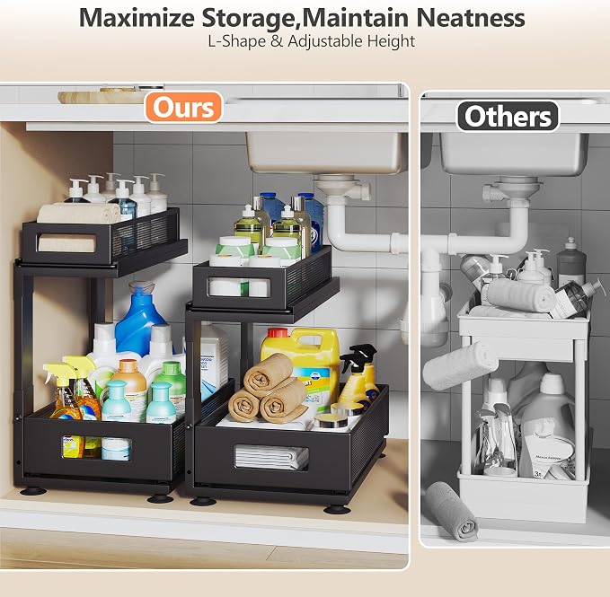 2 Pack Under Sink Organizer with Next-Gen Ball-Bearing Slides,2-Tier Pull Out Cabinet Storage,Height Adjustable Drawer Shelf for Bathroom,Kitchen,Laundry,Cabinet,Pantry(Patent Pending) - Image 6
