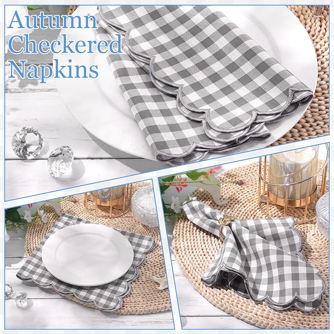 SmoothNovelty 12 Pack Buffalo Plaid Cloth Napkins 18x18 Inch Checkered Cloth Napkins Scalloped Soft Cotton Table Mat Washable Reusable for Dinner Wedding Holiday Birthday Parties (Classic,Gray) - Image 3