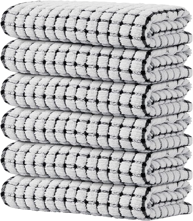 Kitinjoy Cotton 6 Pack Terry Kitchen Towels, Black | 16 x 25 Inches Super Soft and Absorbent Dish Towels, Quick Drying hand towels for kitchen Drying by Kitinjoy