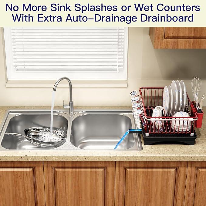Red Dish Drying Rack Over Sink with Utensil Holder, Drainboard | Expandable Stainless Steel Dish Drainer for Small Kitchen, Apartment, RV, Counter Space Saving, Perfect Fit, Rustproof - Image 5