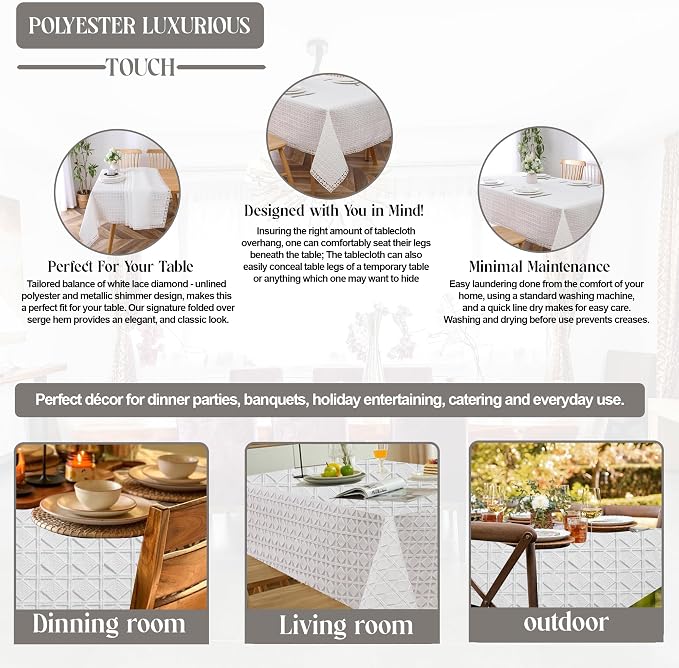 Majestic Giftware Polyester Tablecloths for Rectangle Tables - White Lace | (70/160) - TC1726UL Diamond-Unlined Design Dining Table Cover | Decorative Washable Tablecloth for Home, Kitchen, Dining - Image 4