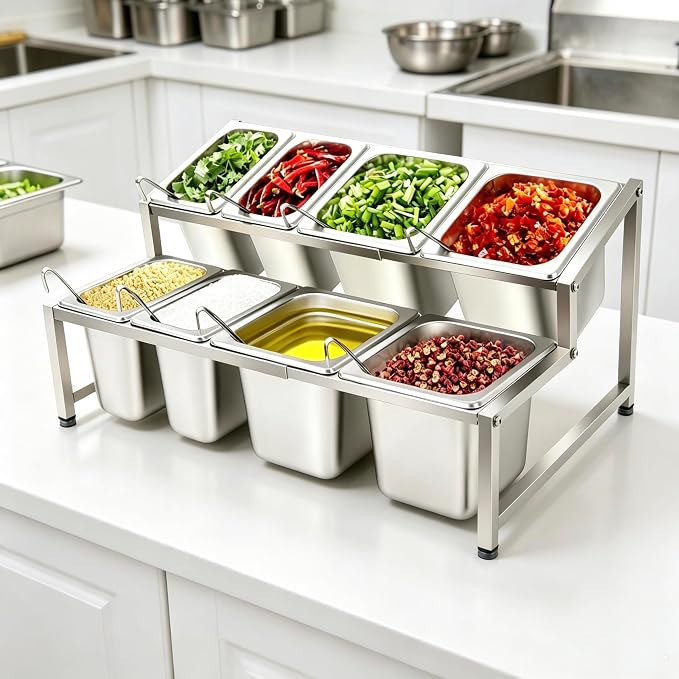 Telescoping Pizza Topping Station Condiment Container Food Prep Holder | 8 Pans & Spoons, Stainless Steel Container Set Ingredients Holder Spice Rack for Kitchen Buffet Pizza Oven Accessories - Image 2