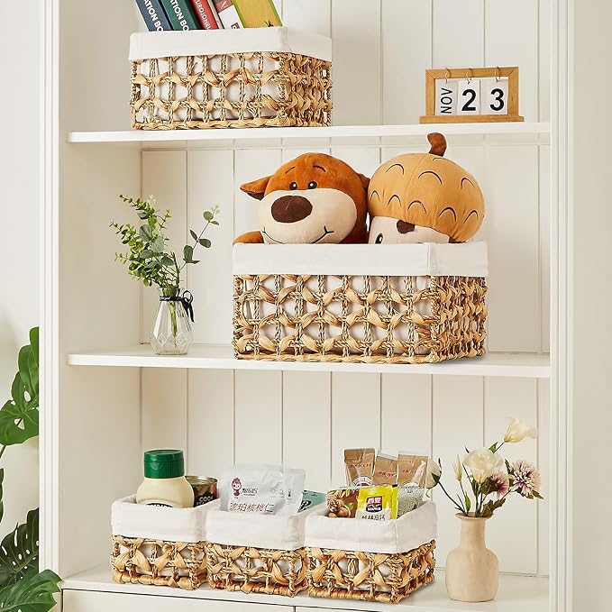 Wicker Storage Basket, 6 Pack Baskets for Organizing, Water Hyacinth Storage Baskets, Rectangular Wicker Baskets for Storage Shelves, Cube Storage Bins For Closet/Clothes/Dresser - Image 3
