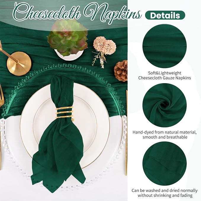 50 Pack Emerald Green Napkins 20x20Inch Cheesecloth Napkins | Elegant Cloth Napkins for Table, Washable Rustic Boho Gauze Napkins, for Wedding Party Bridal Baby Shower Christmas Decor - Image 3