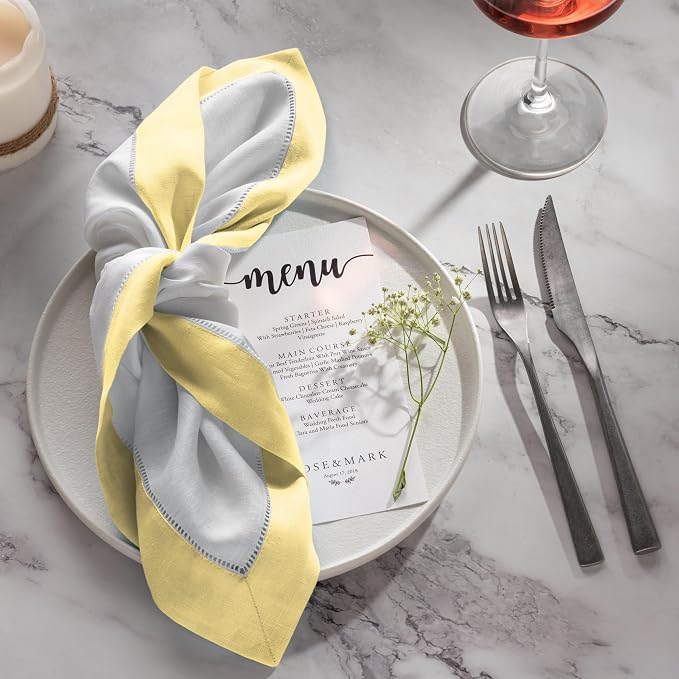 Linen Napkins 20 x 20 inch - 100% Flax Linen White and Yellow Dinner Napkins Set of 4 - Hemstitch Cloth Napkins Washable for Easter Day and Spring Holiday - Image 6