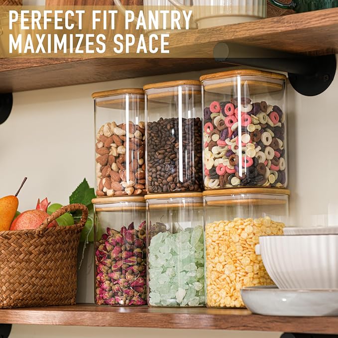 D2scrma 37oz Airtight Glass Square Storage Canisters with Bamboo Lid Set of 6 (1100ml) Stackable Containers, Kitchen Jars for Pantry Noodles, Flour and Coffee beans (‎with Black Lable) - Image 5
