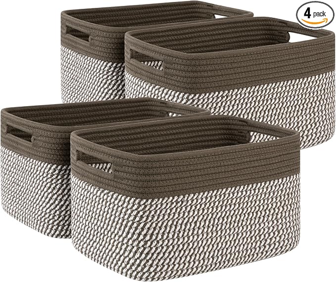 4 Pack Storage Baskets for Organizing, Woven Baskets for Shelves - Perfect for Toys, Books, Towels, and Clothes, Durable Gift Basket Bins Toy Storage, 12.7''Lx9''Wx7.8''H, Green & White by SIXDOVE