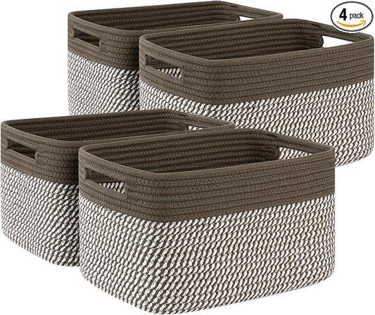 4 Pack Storage Baskets for Organizing, Woven Baskets for Shelves - Perfect for Toys, Books, Towels, and Clothes, Durable Gift Basket Bins Toy Storage, 12.7''Lx9''Wx7.8''H, Green & White by SIXDOVE