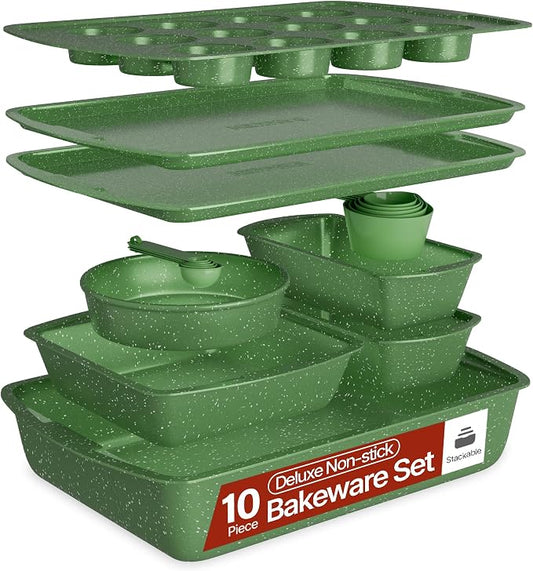 Green Marble 10-Piece Bakeware Sets, Nonstick Carbon Steel Baking Sheet & Pans, Stackable Space-Saving Bakeware, Dishwasher Safe, Stain-resistant, PFOAPFOSPTFE Free, Oven Safe Up To 450°F (230°C) by Unknown
