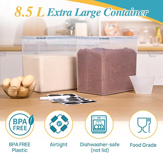 Vtopmart 8.5L Extra Large Flour Sugar Storage Containers, 2 PCS, Black | Each for 10 lbs Flour, Airtight Seal, BPA Free, Food Grade Material, Dishwasher Safe (Not Lids) - Image 3