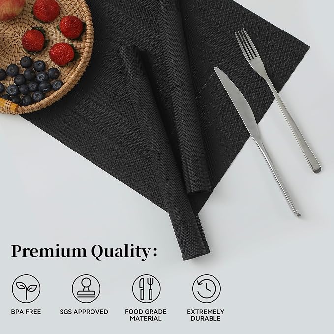 Leetaltree Black Frame Placemats Set of 8 - Heat Resistant Non-Slip Place mats for Dining Table, Washable Durable PVC Vinyl Woven Table Mats（Black Frame, 8） - Image 2