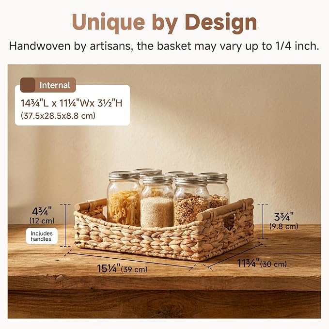 StorageWorks Wicker Baskets with Handles, Pantry Basket for Storage, 1-Pack | Handwoven Water Hyacinth Storage Baskets for Organizing, Woven Baskets for Storage, Baskets for Pantry, 15¼" x 11¾" x 4¾" - Image 2