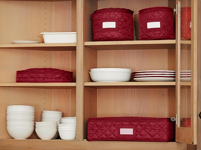 Covermates Keepsakes Dish Storage Set – Padded China & Dinnerware Storage Cases with Dividers, Cup & Stemware Storage, Quilted Polyester Protection, ID Window, Red - Image 8