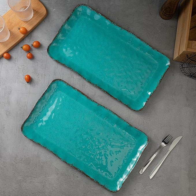 LEHAHA Vintage Melamine Serving Tray Set, Rectangular Large Serving Trays/Platters Set for Serving Food, BPA Free Food Serving Platters and Trays, Set of 2, 17.5"x 10", Teal - Image 4